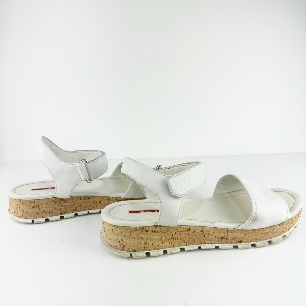 PRADA Platform Linea Rossa Saffiano Upper Cork Bottom Sandals - Picture 5 of 9